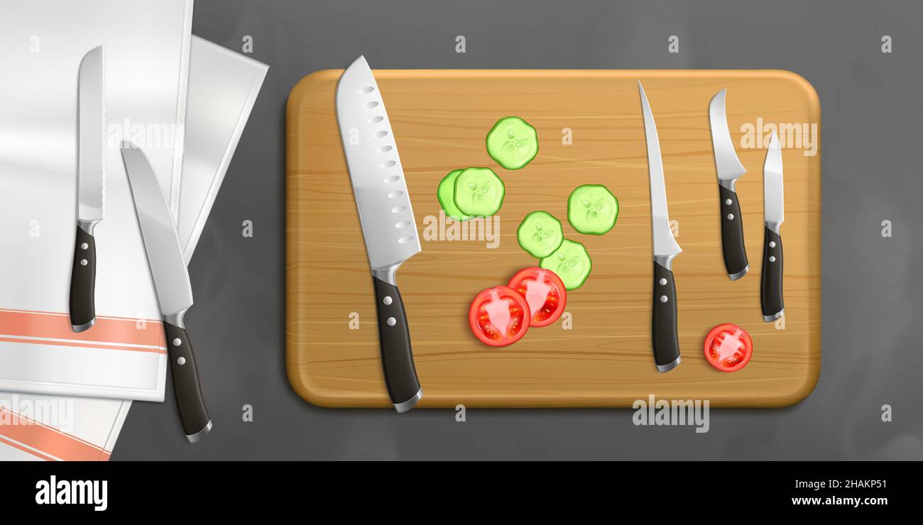 Fresh vegetable slices lying on cutting board with knives and tablecloth top view. Food cooking on kitchen, tomato and cucumber pieces on rectangle wood plank, Realistic 3d vector illustration Stock Vector