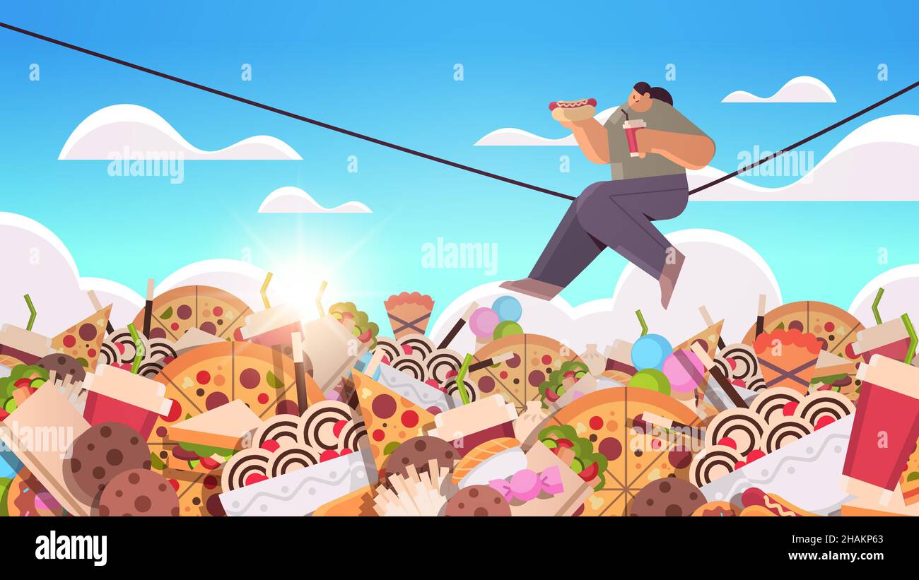 woman sitting and balancing on rope above junk food assortment of fast ...