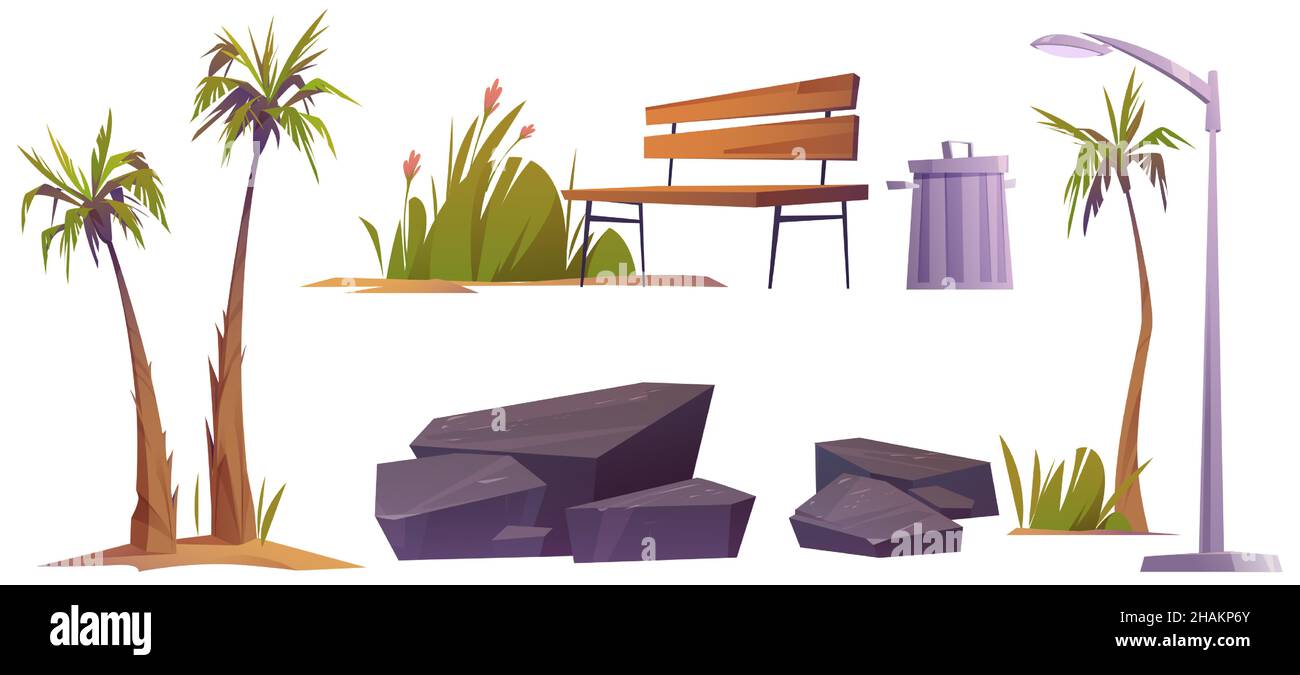 Set city park items palm trees, flowers, street lamp and wooden bench with stones, green grass and litter bin. Isolated elements for outdoor decoration, landscaping design, Cartoon vector illustration Stock Vector