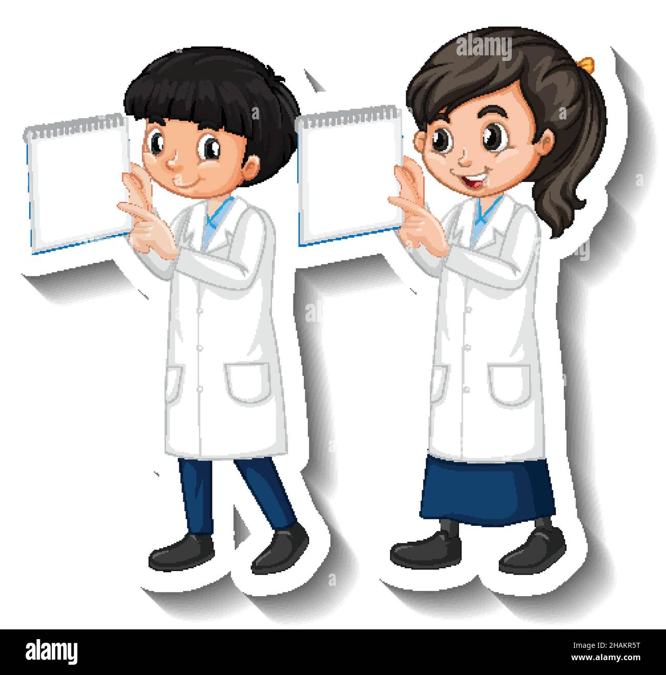 Scientist couple kids holding board empty cartoon character sticker ...