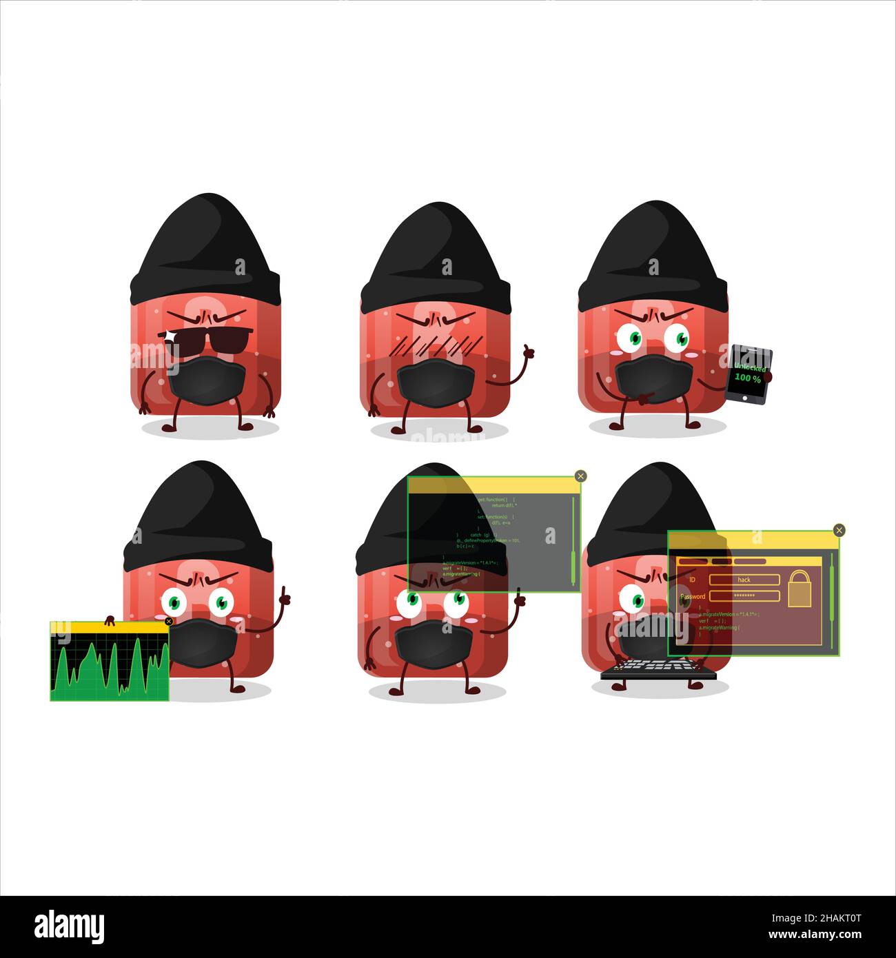 A Hacker red gummy candy B character mascot with. Vector illustration ...