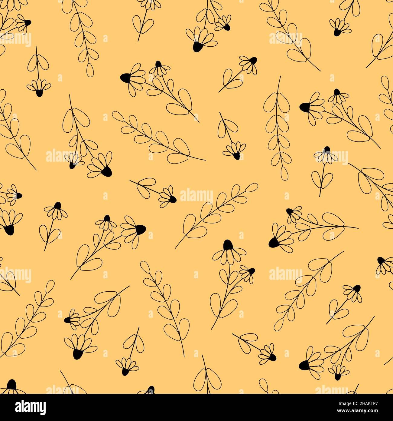 Seamless pattern with contours of chamomile and twigs on a yellow background Stock Vector
