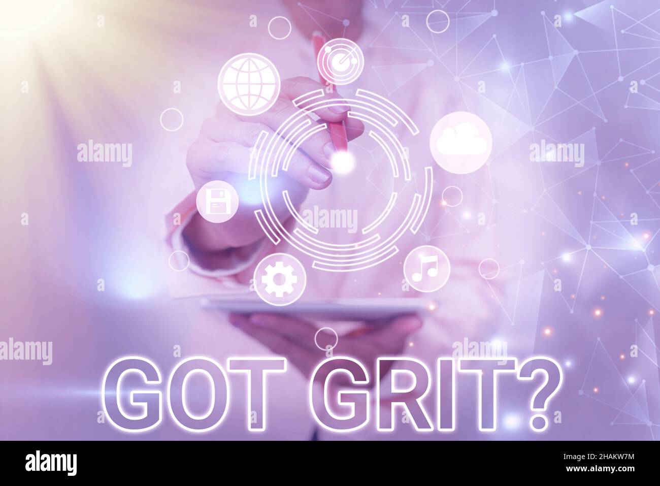 Text sign showing Got Grit Question. Business showcase A hardwork with perseverance towards the desired goal Business Woman Touching Futuristic Stock Photo