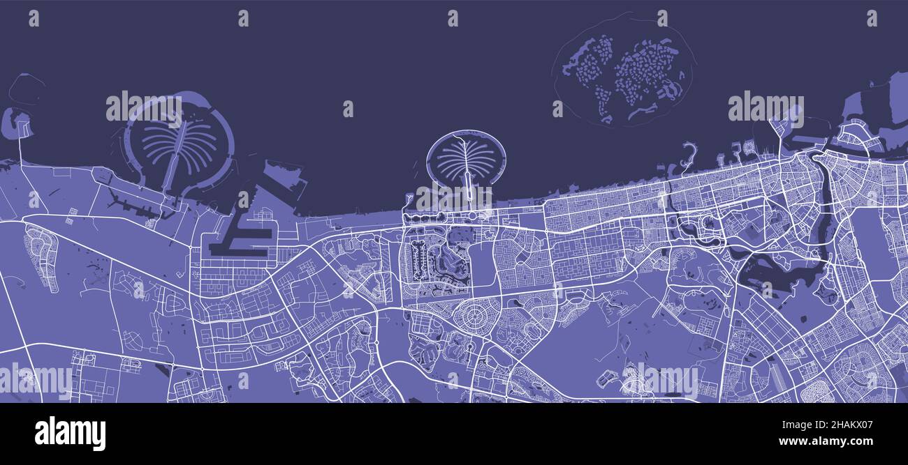 Detailed vector map poster of Dubai city administrative area. Pantone purple skyline panorama. Decorative graphic tourist map of Dubai territory. Roya Stock Vector