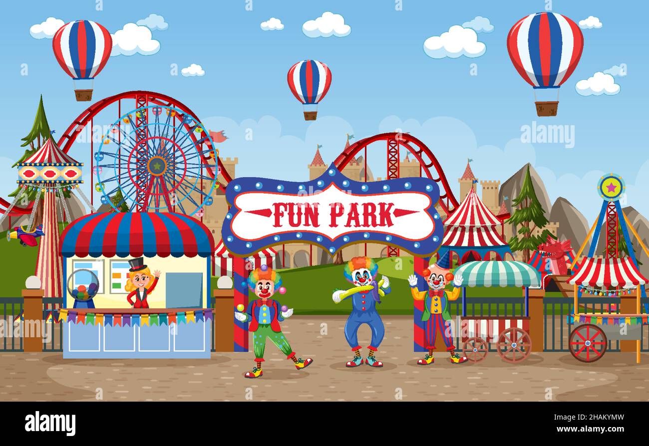 Amusement park scene with ferris wheel and circus dome illustration ...