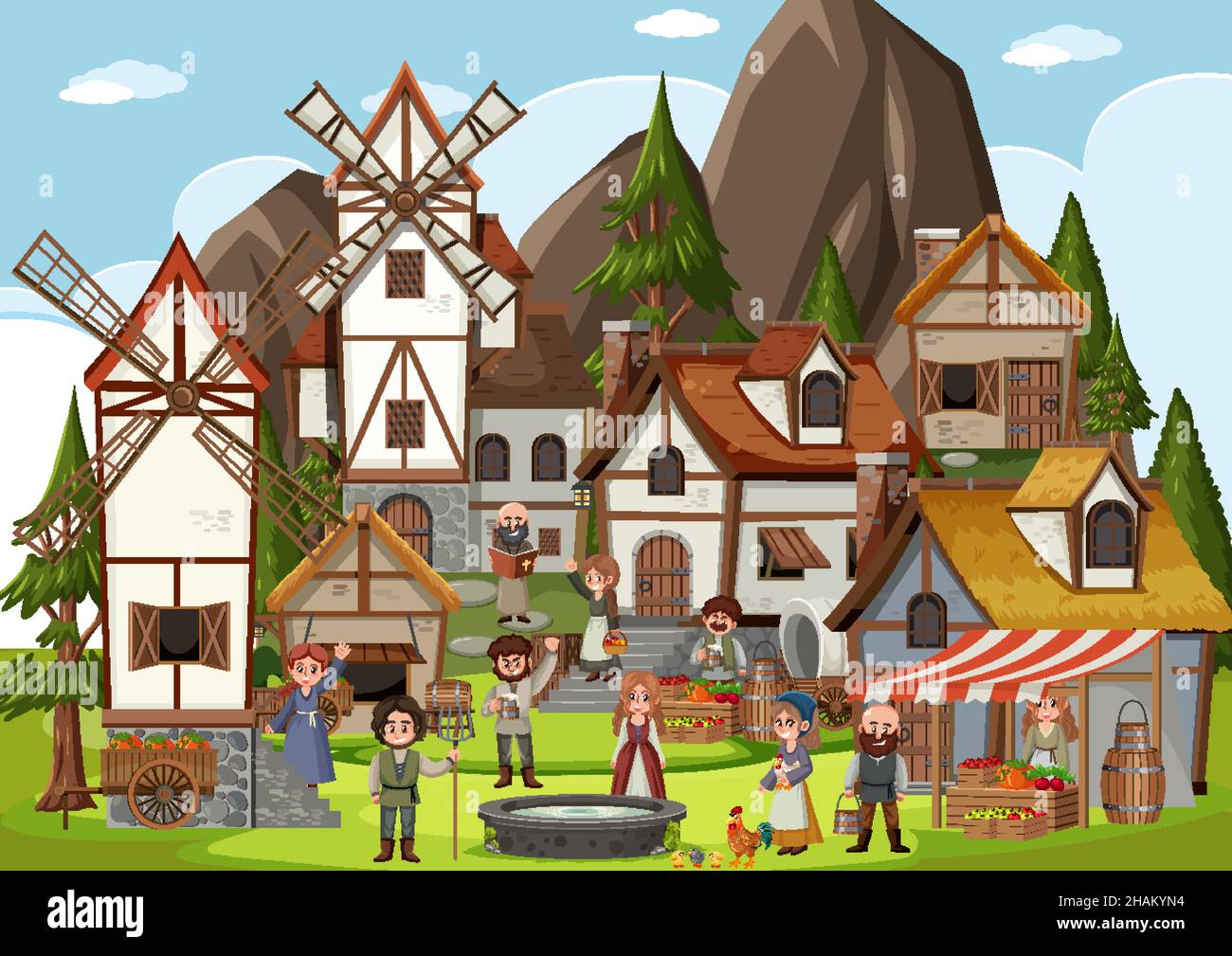 Medieval town scene with villagers illustration Stock Vector Image ...
