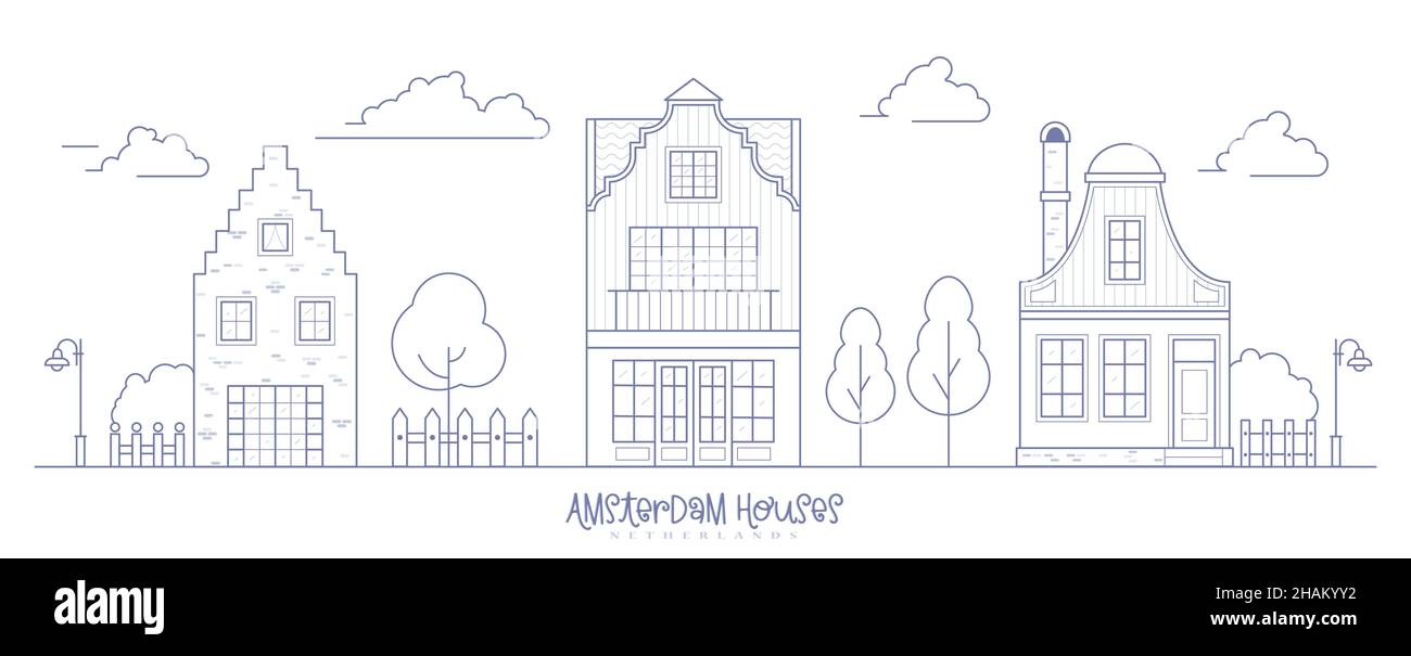 Europe neighborhood houses. Holland suburban with cozy homes. Facades of old traditionsl buildings in Netherlands. Outline vector illustration Stock Vector