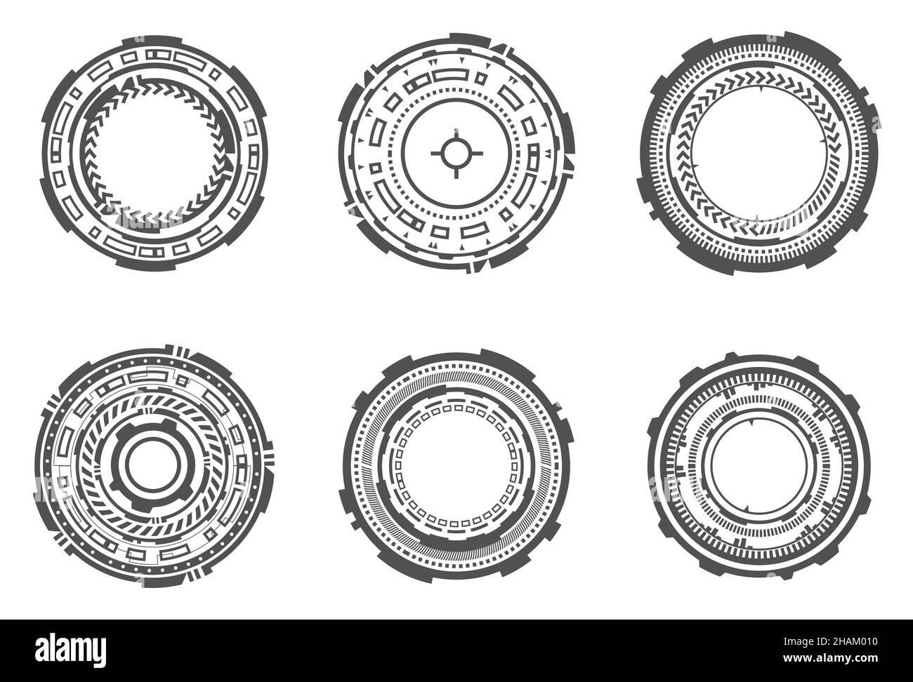 HUD futuristic elements. Abstract optical aim. Circle geometric shapes for virtual interface and games. Camera viewfinder for sniper weapon. Vector se Stock Vector
