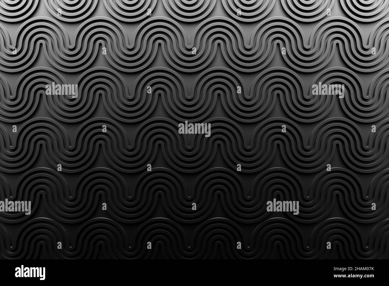 3d illustration of a classic black abstract background with wave lines ...