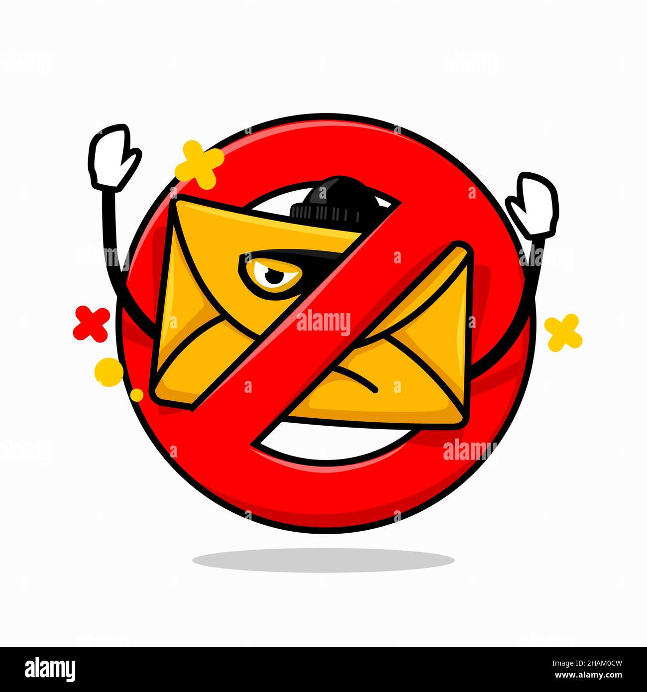 blocked email concept. isolated cute mail cartoon bad guy face inside red crossed circle vector illustration Stock Vector