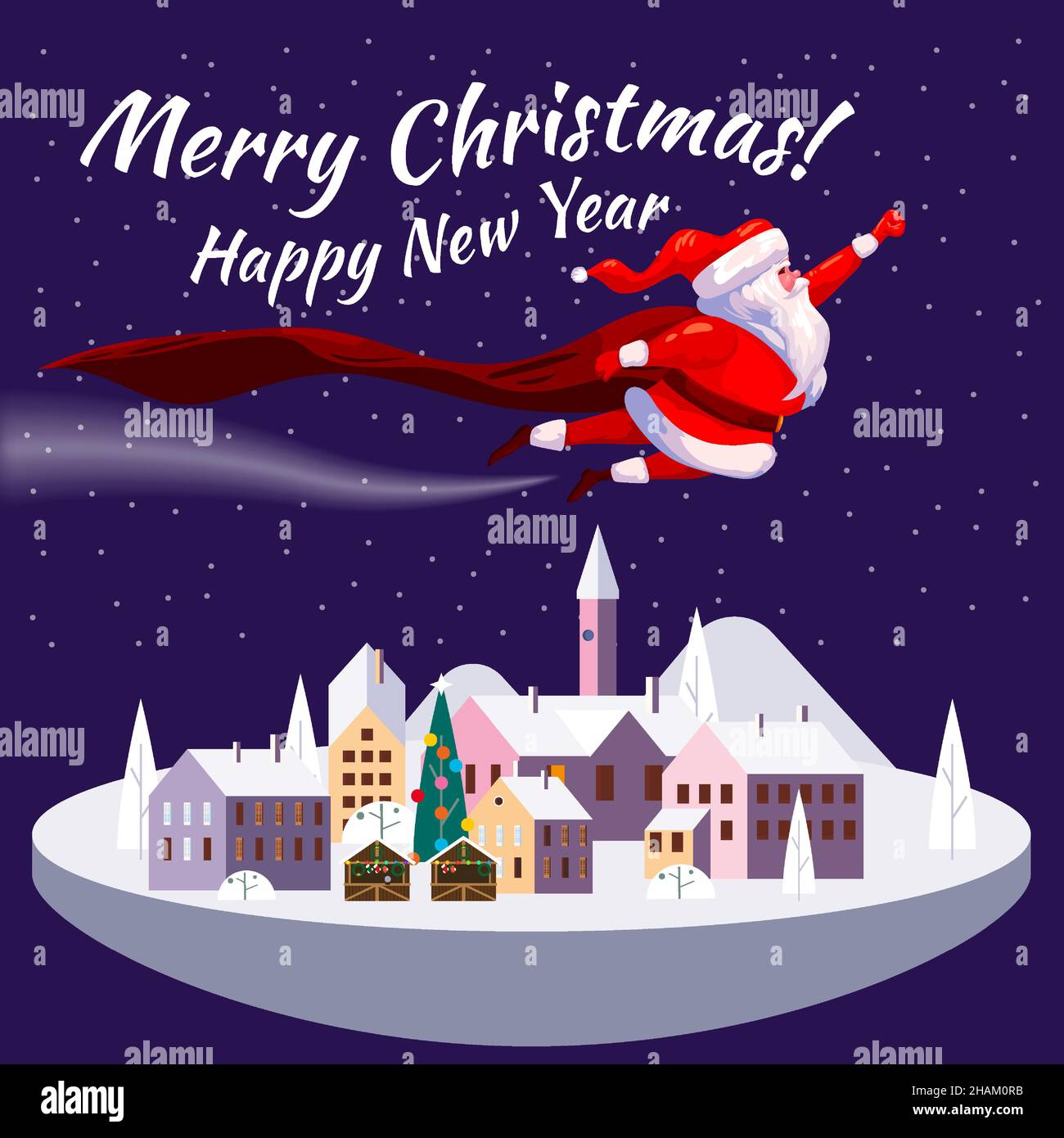 Santa Claus funny as Superhero wearing cape flying over the night city, buildings, giving out gift boxes. Merry Christmas poster background cartoon Stock Vector