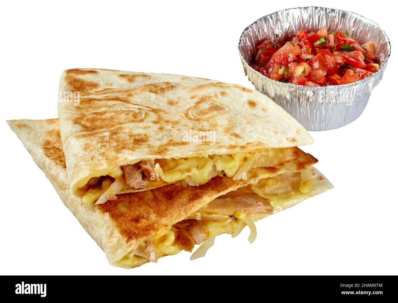 Cut in half quesadilla in corn tortilla with chicken, cheese with pico