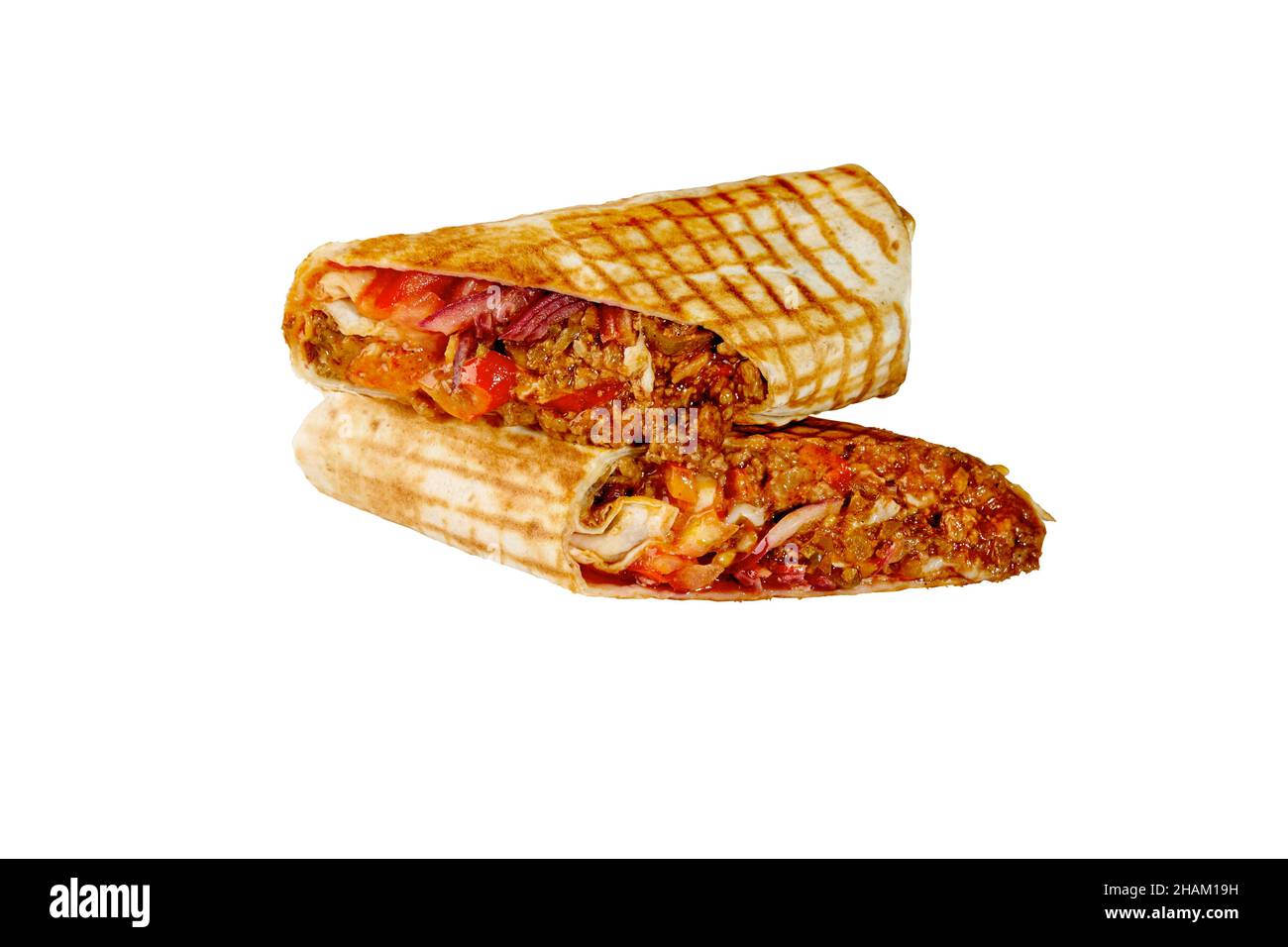 Chili con carne burrito with stewed chili peppers, beef, tomatoes, pickles, onions isolated on