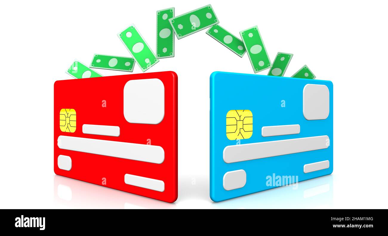 Money transfer. A lot of banknotes flies from one credit card to another. 3D illustration Stock Photo