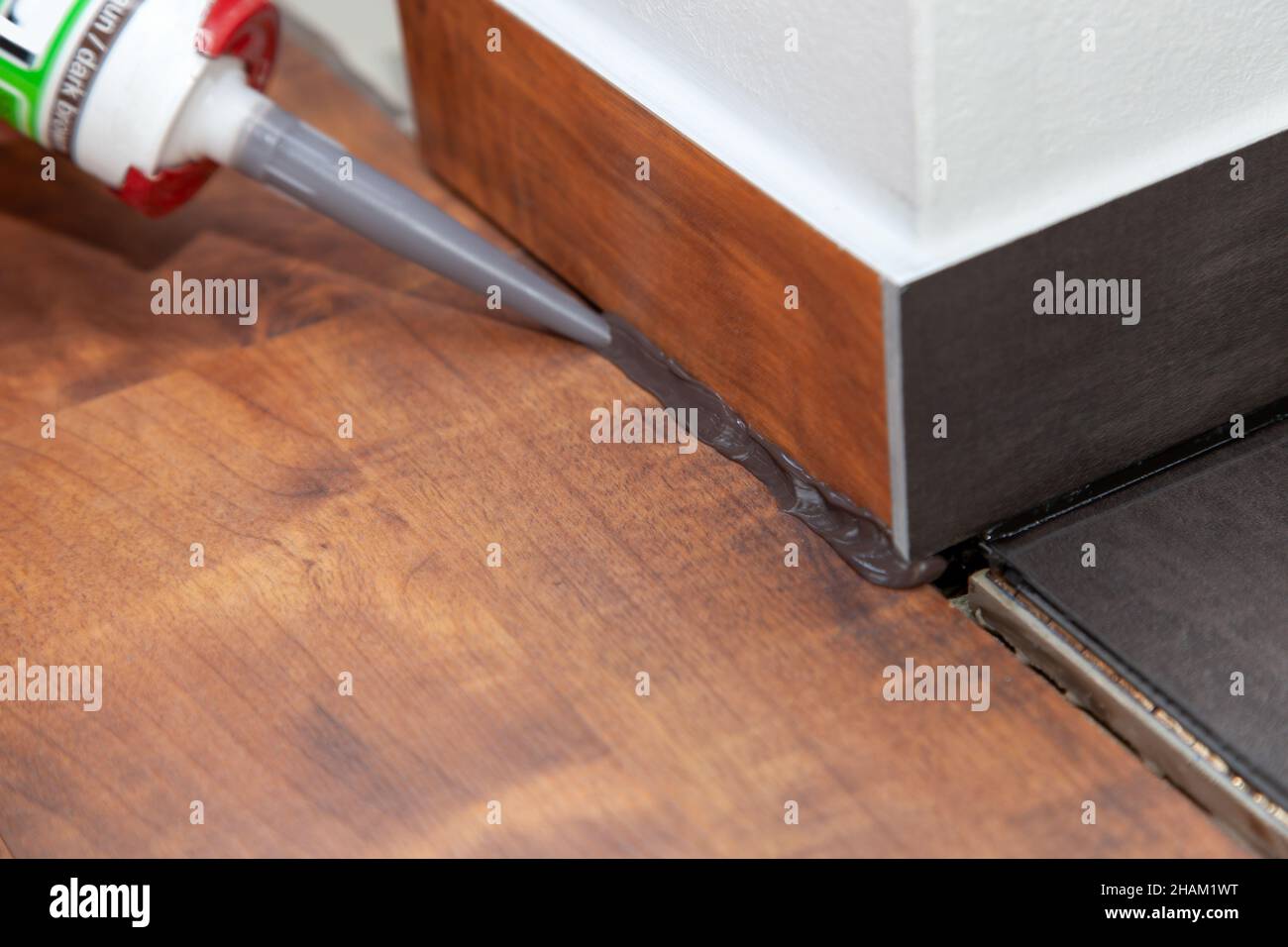 Silicone sealant. Man's hand of Construction worker use gun silicone tube. Caulk  skirting board with caulking gun and silicone cartridge Stock Photo - Alamy