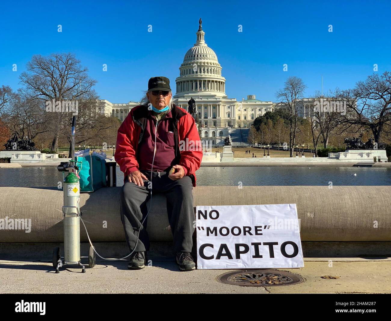 December 13, 2021, Washington, District of Columbia, USA: Marc Petitpierre came from West Virginia to express his rage at the failure of his senators, Shelley Moore Capitol and Joe Manchin while attending the Poor PeopleÃs Campaign rally. Participants came to the US Capitol from 33 states to demand Congress pass voting rights protections and the Build Back Better plan before the end of 2021. (Credit Image: © Sue Dorfman/ZUMA Press Wire) Stock Photo