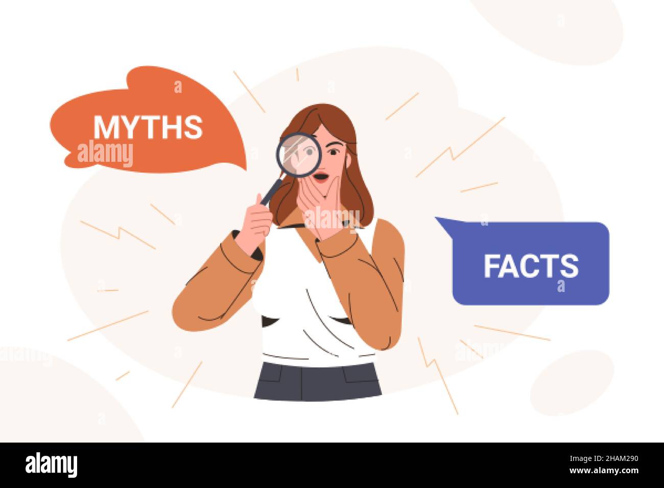 Myths and facts flat vector illustration. Amazed woman looking through magnifying glass and thinking or comparing between truth and false. Fake news versus true and honest. Concept of fact checking. Stock Vector