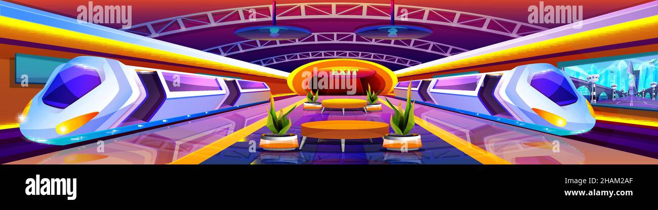 Cartoon illuminated arriving trains in metro station. Modern underground interior with empty subway platform, exit and seats for passengers. Unusual public railway. Railroad urban transportation. Stock Vector