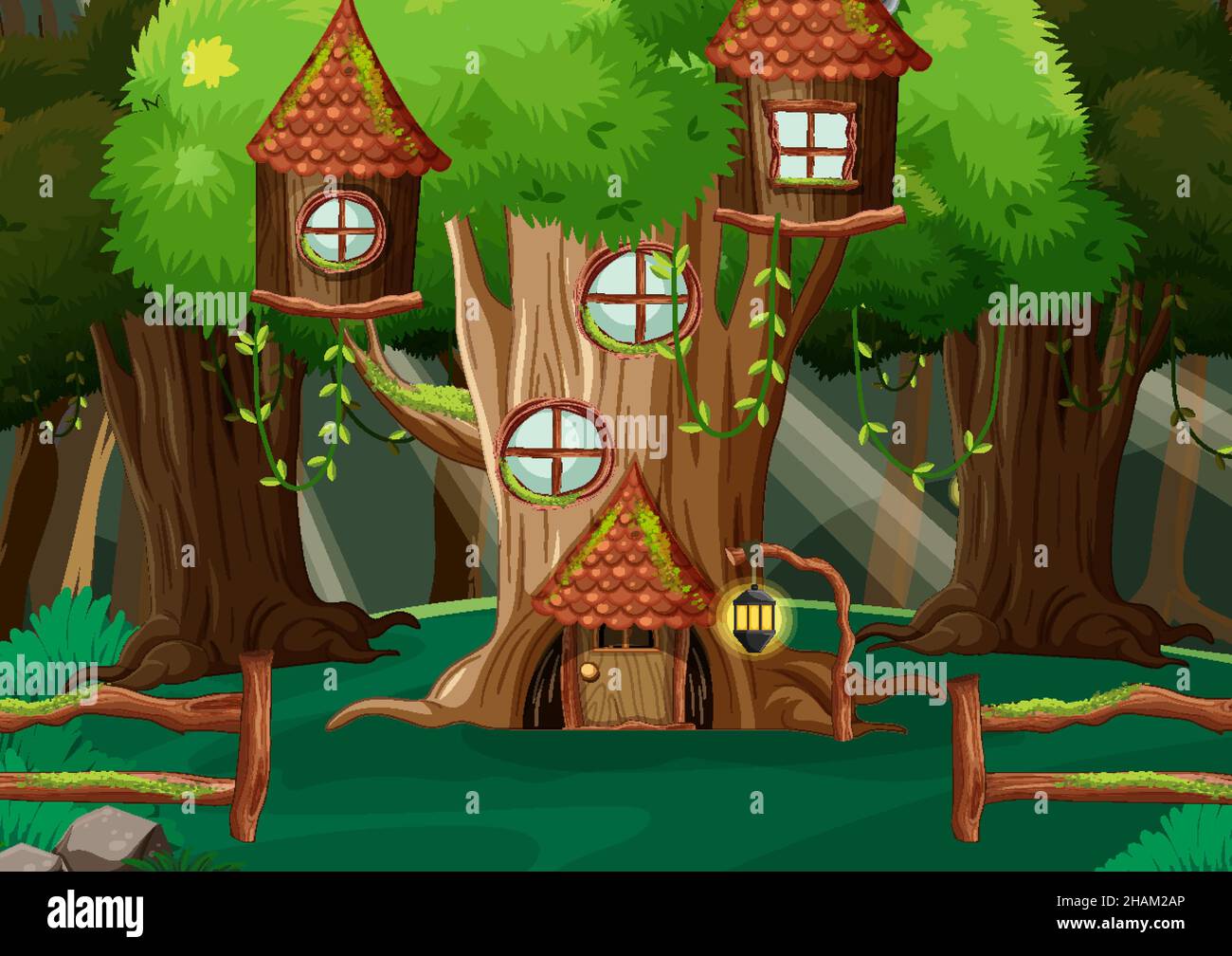 Fantasy forest scene with tree houses illustration Stock Vector Image ...