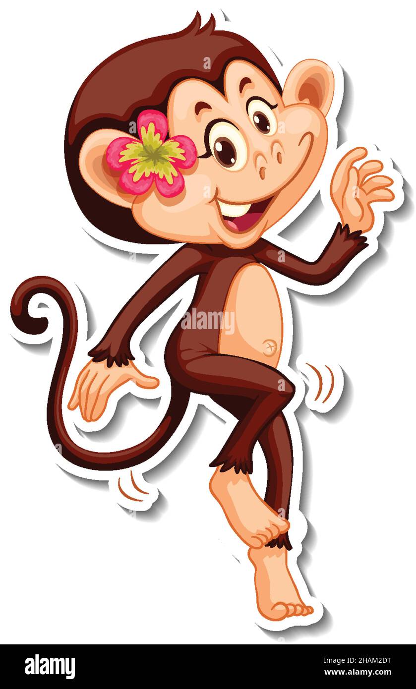 Monkey dancing cartoon character sticker illustration Stock Vector