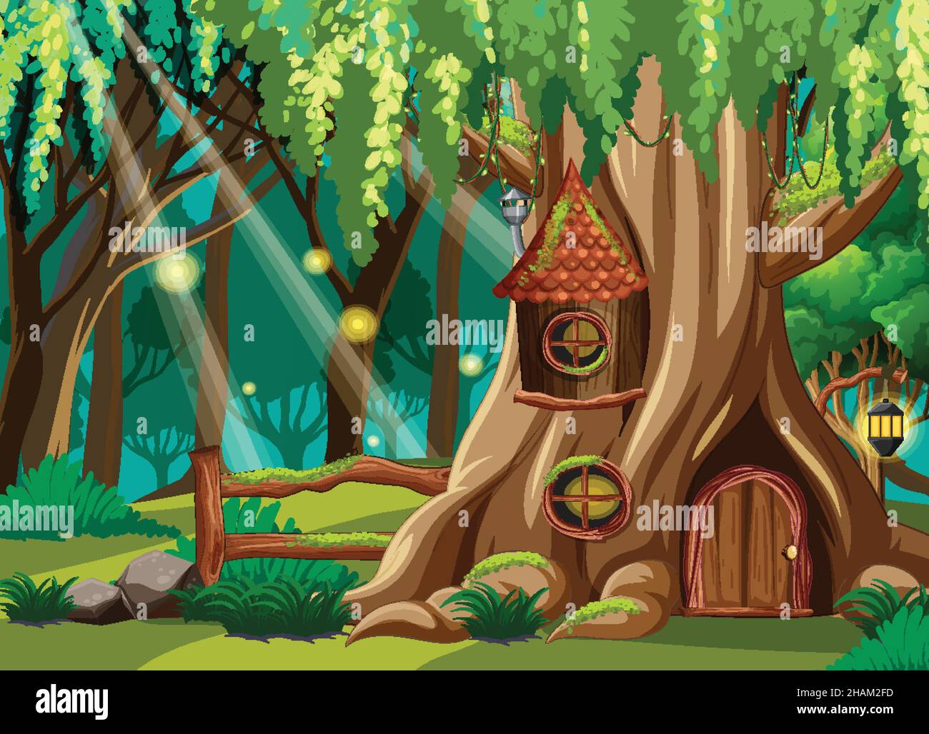Fantasy forest scene with tree houses illustration Stock Vector Image ...