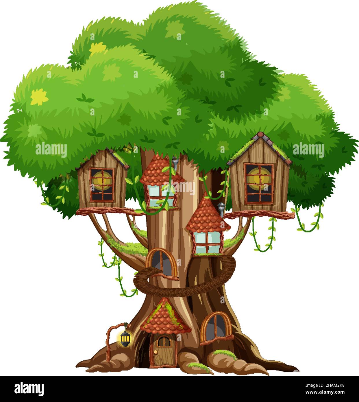 Fantasy tree house inside tree trunk on white background illustration ...