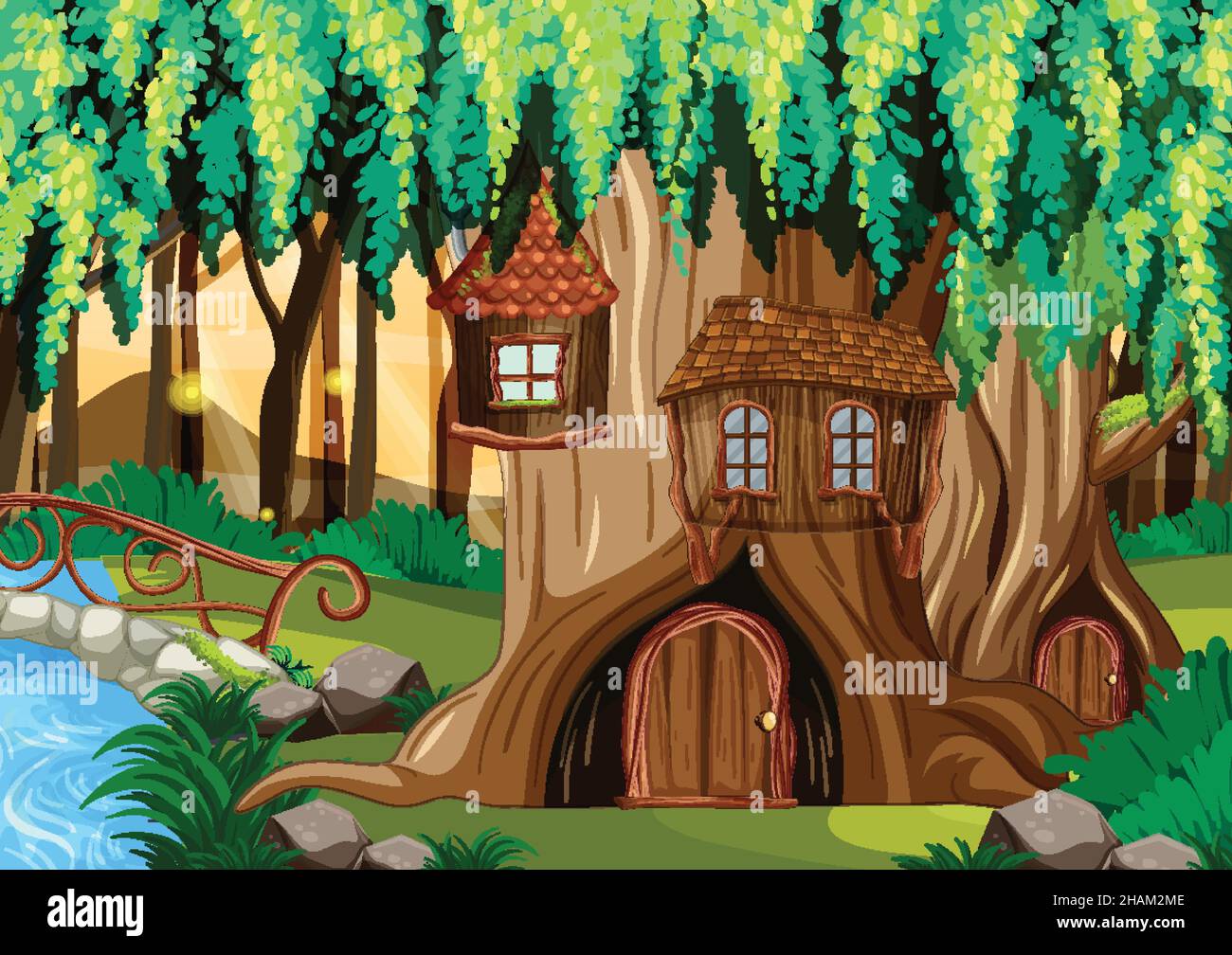 Fantasy tree house in the forest illustration Stock Vector Image & Art ...