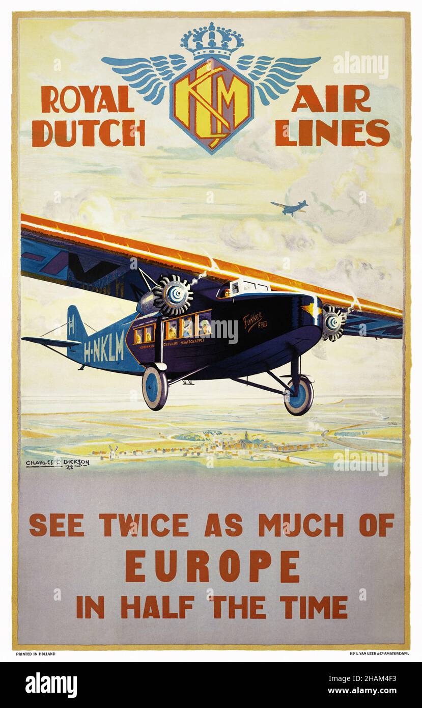 Royal Dutch Airlines. See Twice as Much of Europe in Half the Time by Charles C. Dickson (dates unknown). Poster published in 1928 in the Netherlands. Stock Photo