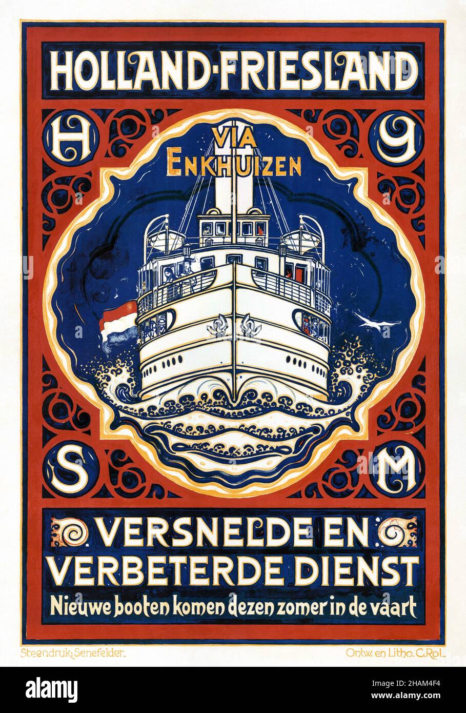 Holland Friesland. Versnelde en Verbeterde Dienst by Cornelis Rol (1877-1963). Poster published in 1915 in the Netherlands. Stock Photo