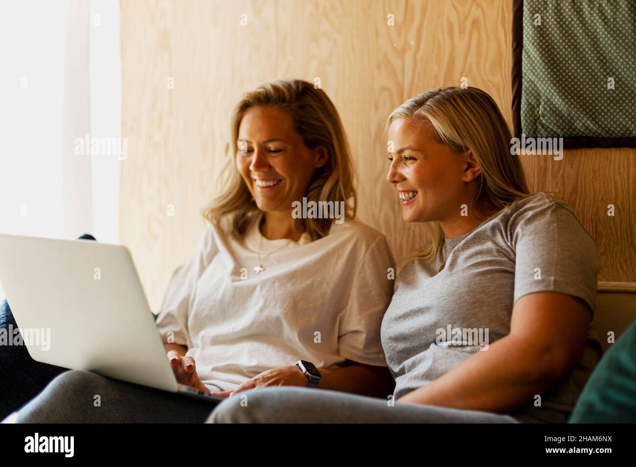 Smiling women using laptop Stock Photo