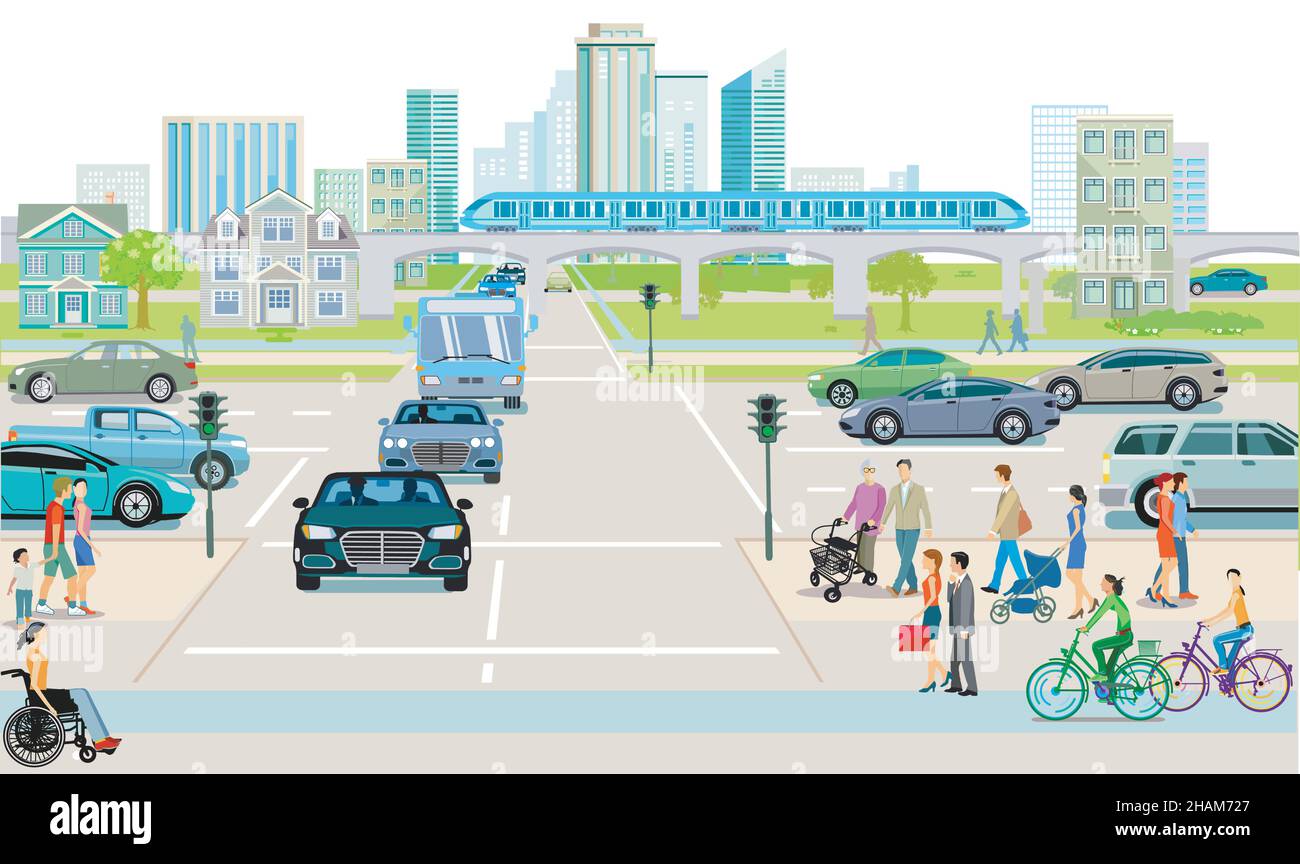 Big city with pedestrians and road traffic, illustration Stock Vector ...