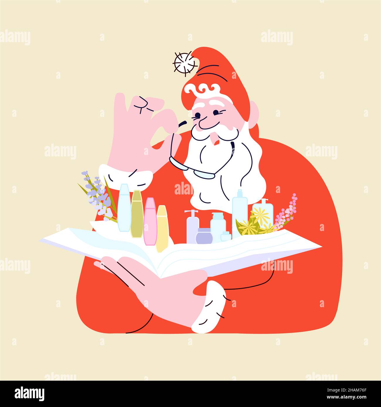 Admiring Santa Claus customer in glasses looking at a magazine with cosmetics. Christmas card in modern outline minimalist design. Flat Art Vector Ill Stock Vector