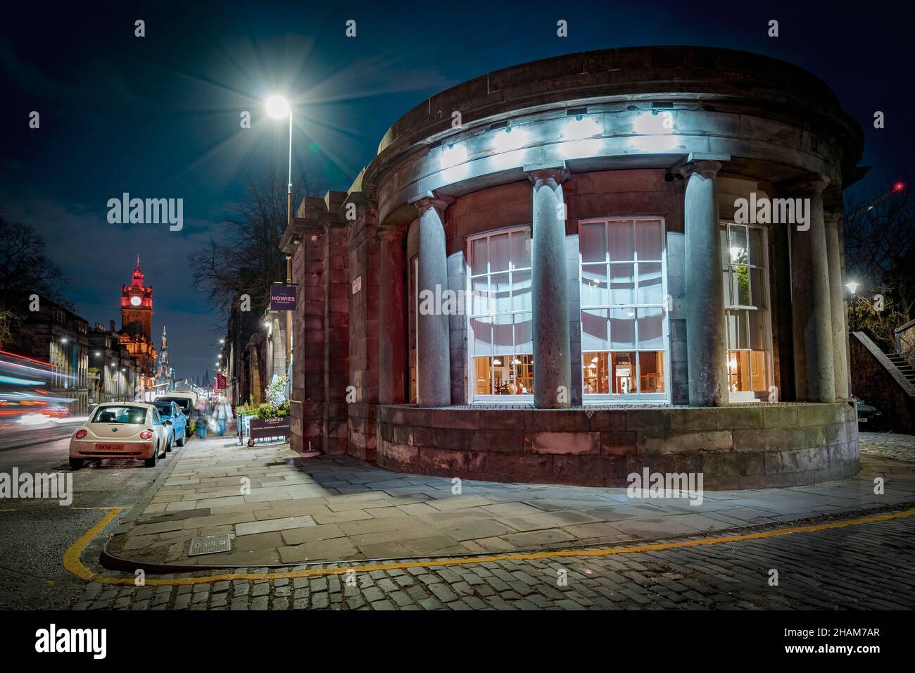 Night exterior view of Howies restaurant in Edinburgh, Scotland, UK Stock Photo