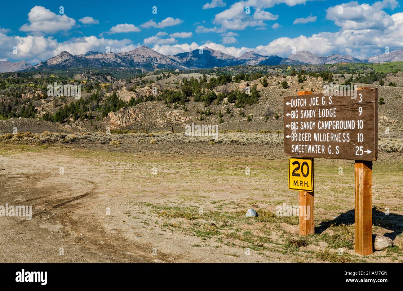 Direction sign, Big Sandy Opening Road (BLMR 4113), at Lander Cutoff Road (CR 132), Wind River Range in distance, Wyoming, USA Stock Photo