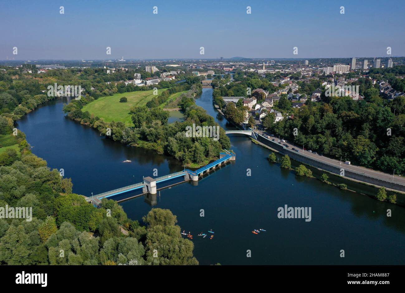 Muelheim an der Ruhr, North Rhine-Westphalia, Germany - Saarn-Mendener Ruhraue, green Ruhr area in Muelheim an der Ruhr. In front the weir Muelheim an Stock Photo