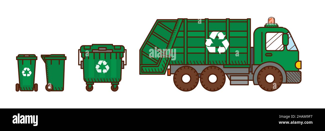 Garbage truck and green recycle garbage bins Stock Vector Image & Art