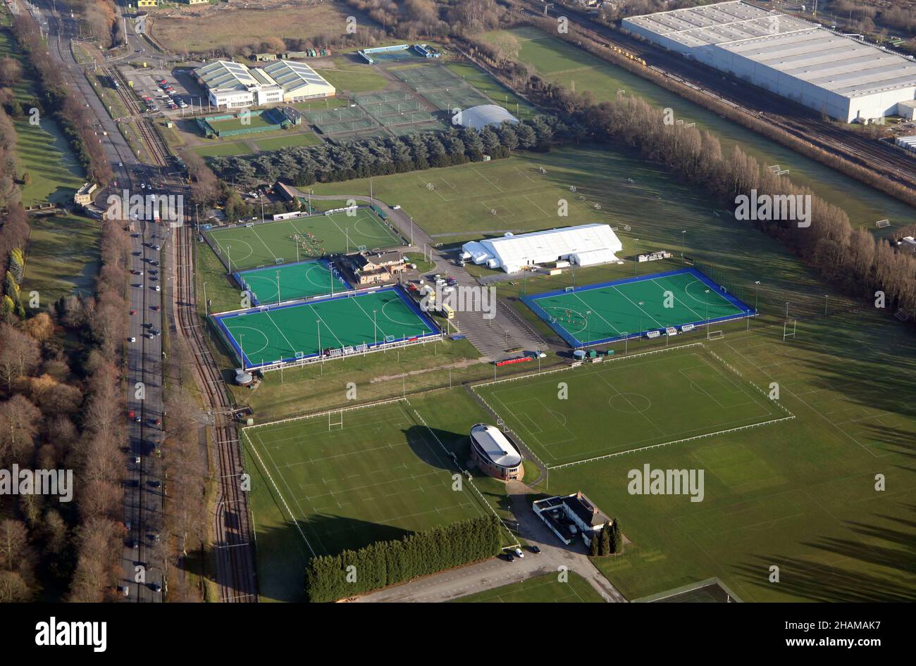 aerial view of Highfields Sports Complex and the adjoining Nottingham Hockey Centre Stock Photo