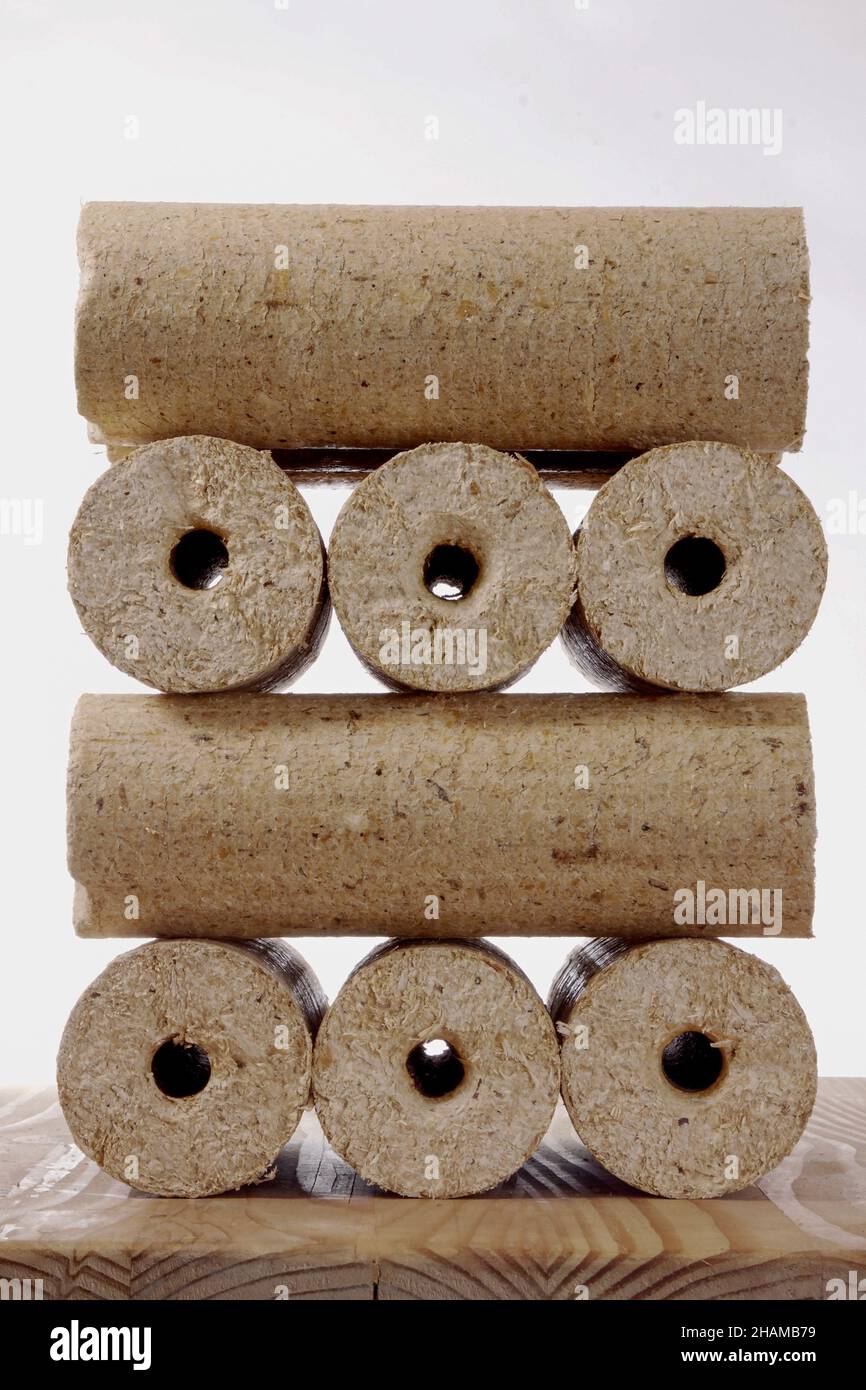 round wooden briquettes isolated against a white background Stock Photo