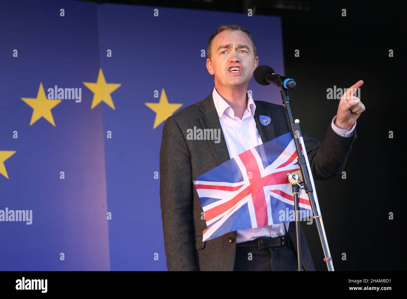 Tim Farron speaking at a pro-EU rally in London while Lib Dem leader Stock Photo