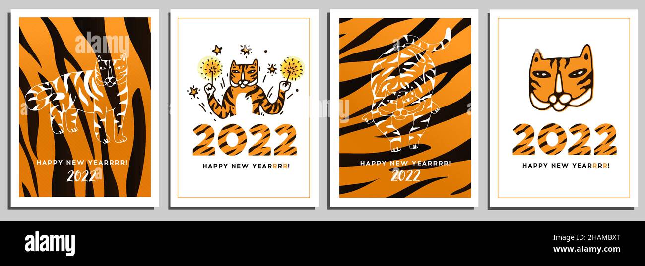 New Year card set with Funny Tiger Characters. Celebration cards of New Year 2022 with cute Tiger animal in cartoon doodle style. Vector banner, poste Stock Vector