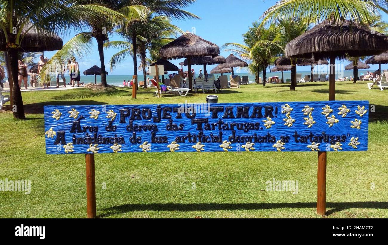 Tamar Project: Tourist awareness plaque. Turtle spawning area. The incidence of artificial light disorients the turtles. Camaçari- Bahia- Brazil Stock Photo