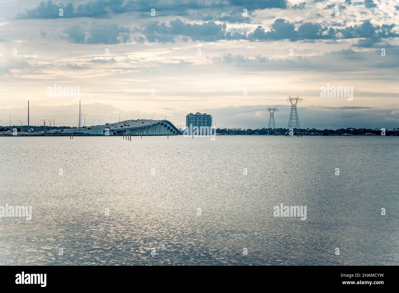 Scenic shot of the ocean and the Panam city bridge on the background, United States Stock Photo