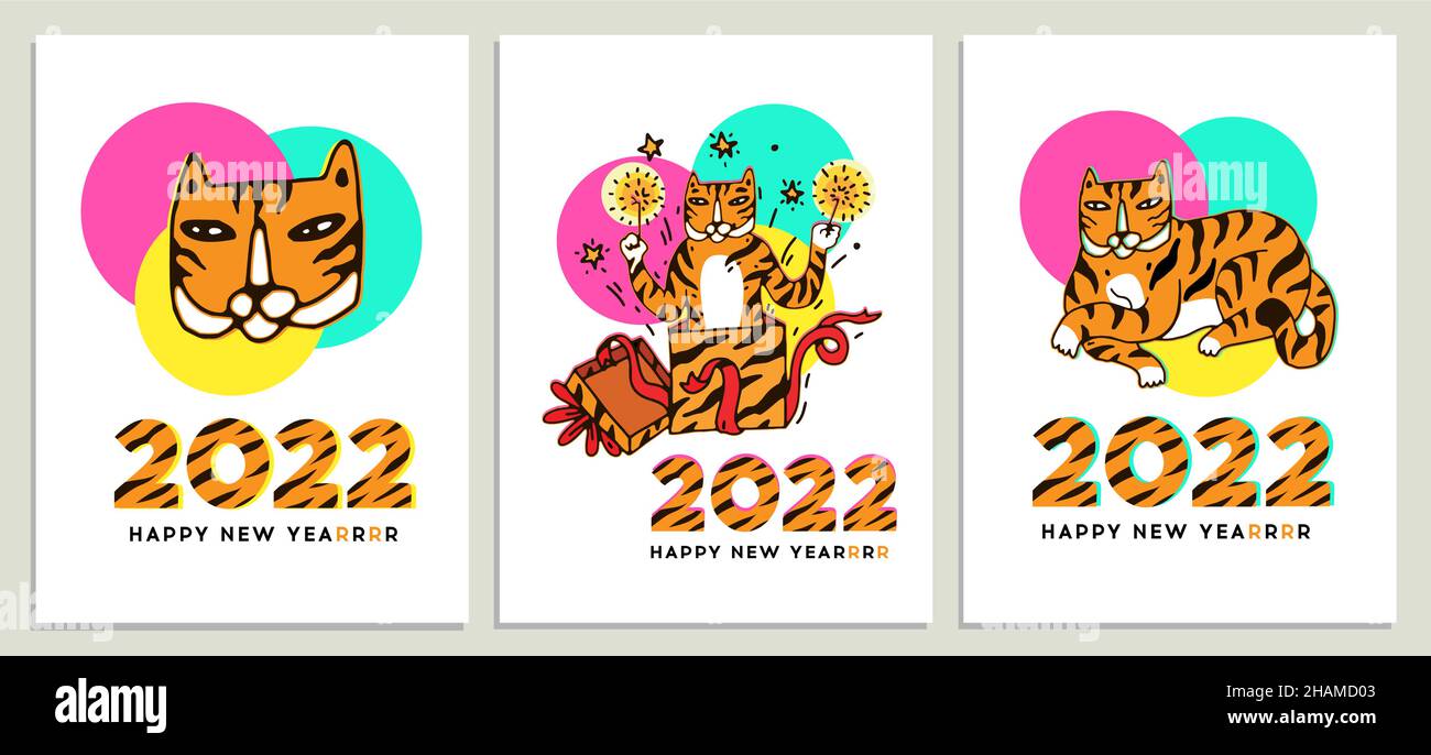 New Year of the Tiger card set. Funny Tiger cartoon characters celebrate New Year of 2022. Vector poster, banner, greeting card, invitation or flyer i Stock Vector