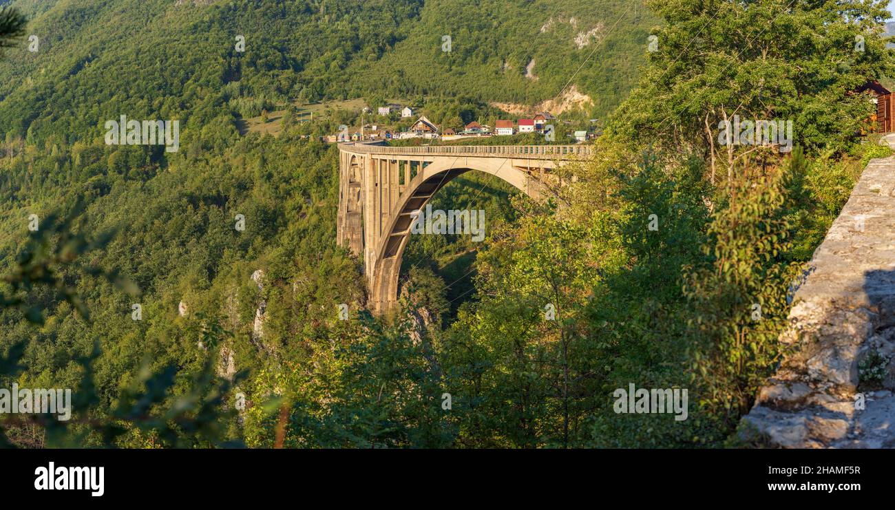 Djurdjevic Bridge, Tara River Canyon, Montenegro. Aerial view. Stock Photo