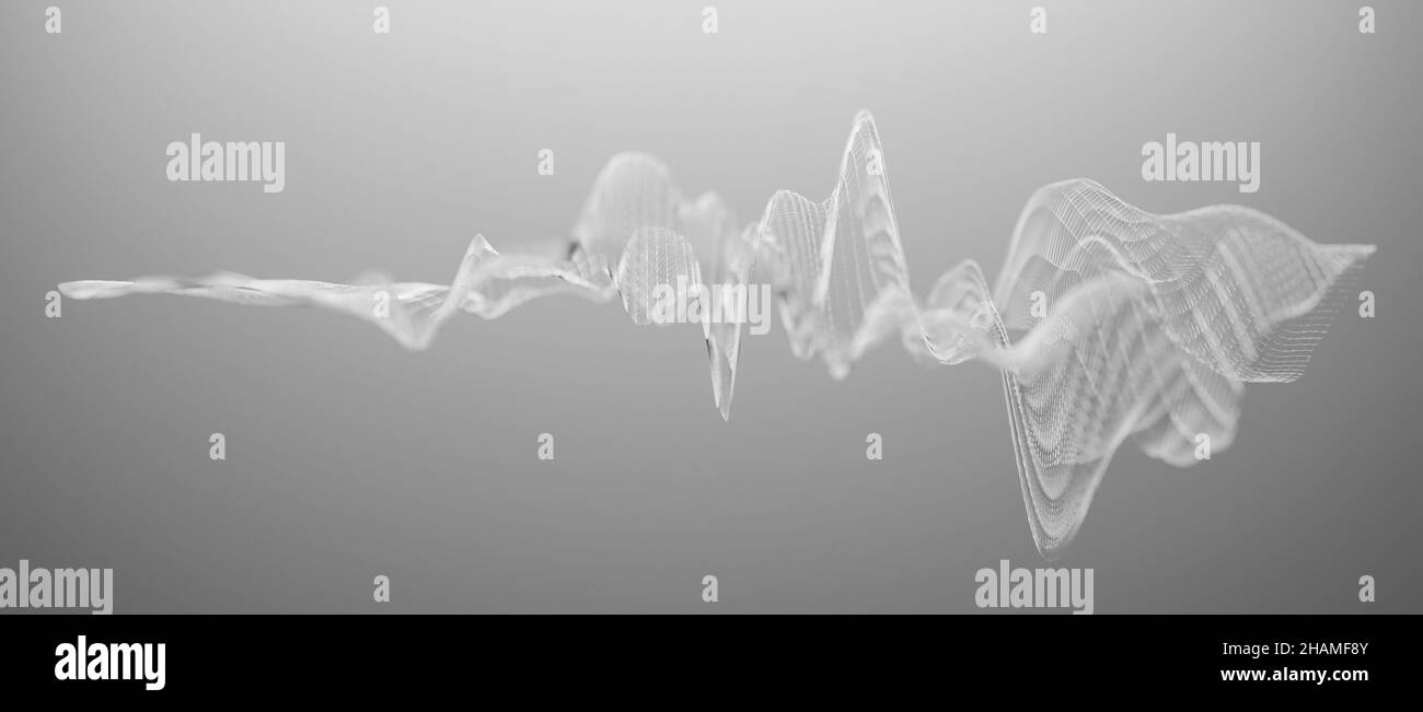 Wireframe waveform structure or abstract visualization of audio sound waves against grey background Stock Photo