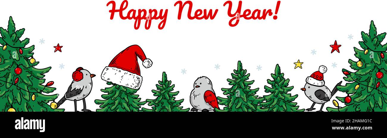Horizontal Merry Christmas and Happy New Year greeting card with a cute ...