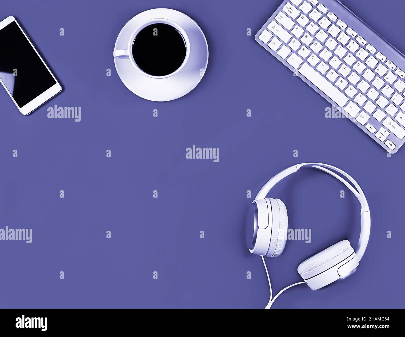 Flat layout on very peri lavender background. Horizontal photo. Composition concept online conference, desktop, office work and training, concept bloging, online education. Stock Photo