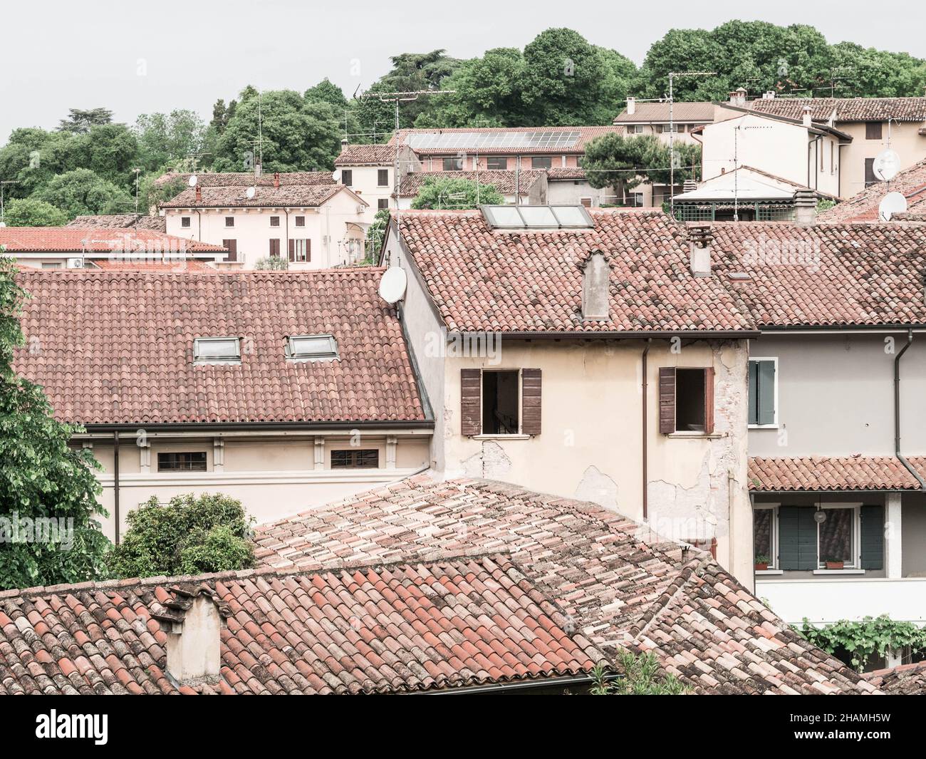 View of the rooftops of a beautiful Italian city with narrow streets ...