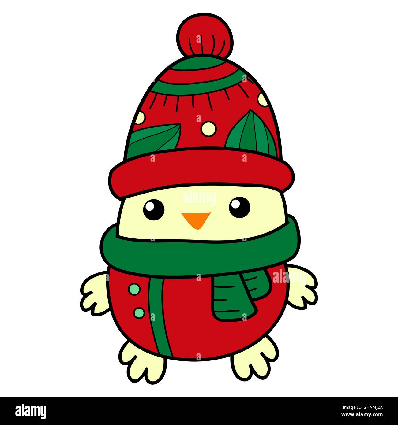 A Christmas penguin wearing a cap and scarf  illustration for print.Poster design. Stock Photo