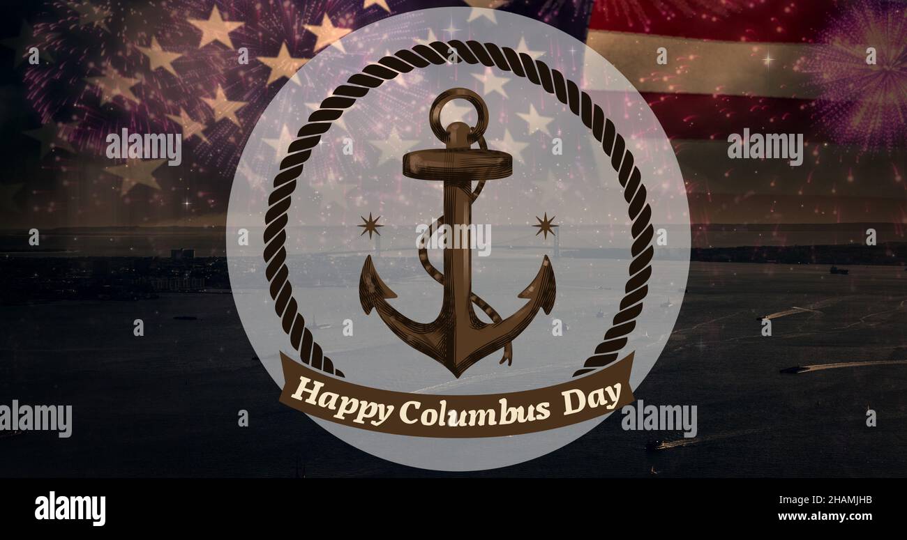 Multiple exposure of columbus day with anchor symbol over american flag and coastal city Stock Photo